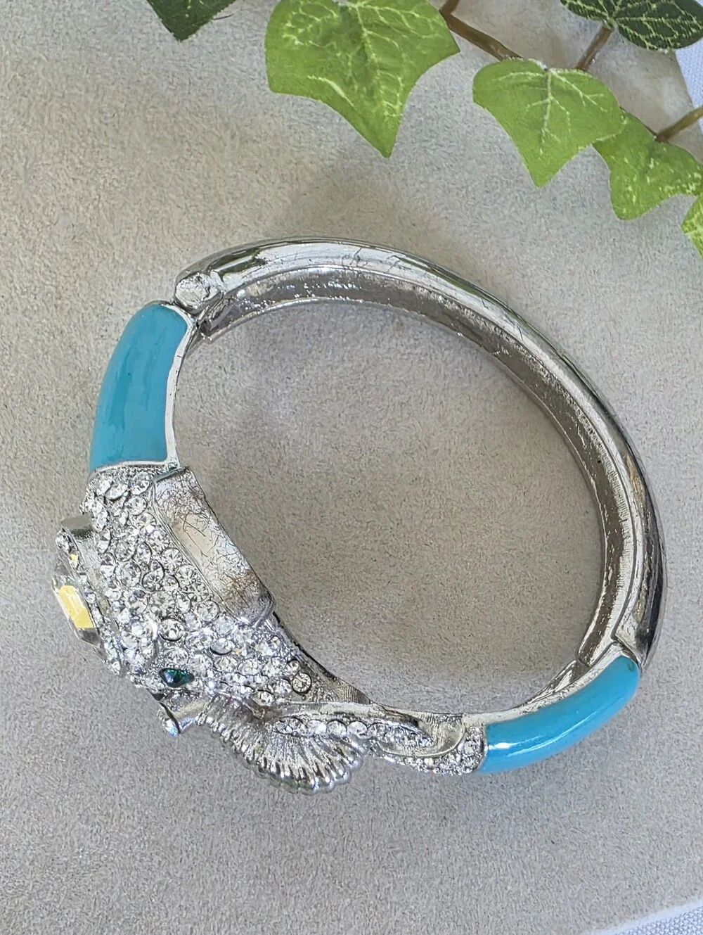 Dazzling Rhinestone Elephant Turquoise Enamel Clamper Statement Bracelet